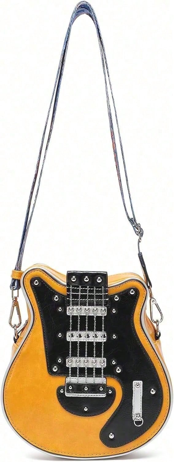 Romantic Gifts Personality Novelty Guitar Shaped Crossbody Bag Style Rivets Decor Shoulder Handbag For Women. Tote Bags For Women, Black Bag, Shoulder Bag, Crossbody Bag, Valentine's Day Gifts