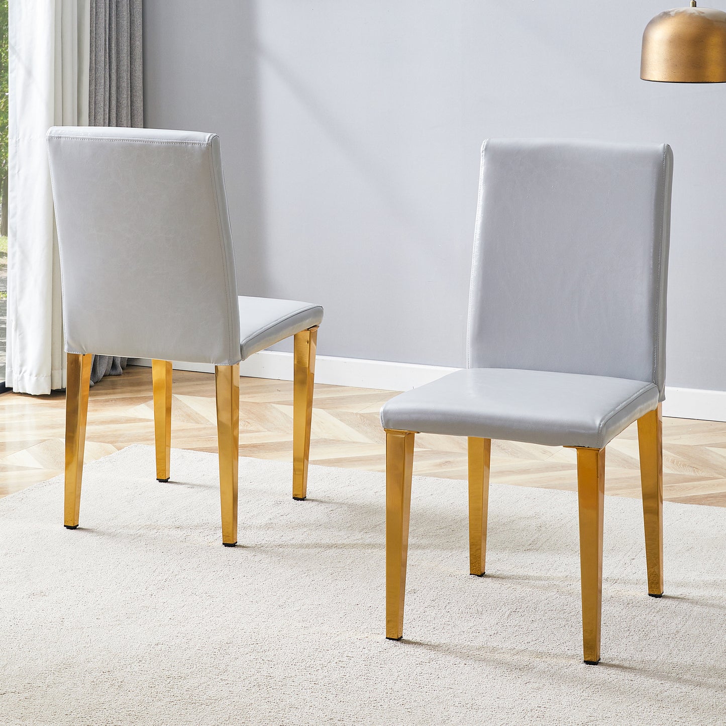 Set Of 2 Light Gray PU Dining Chairs,35.4in High, 18.5in Ergonomic Backrest, 17inx16in Sponge Seat, Perfect For Dining Room, Home Office & Living Space, Stylish & Comfortable.Golden Metal Leg.