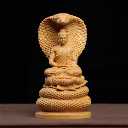 South American Boxwood Carved Snake Buddha Shakyamuni Statue Car Home Decor Ornament