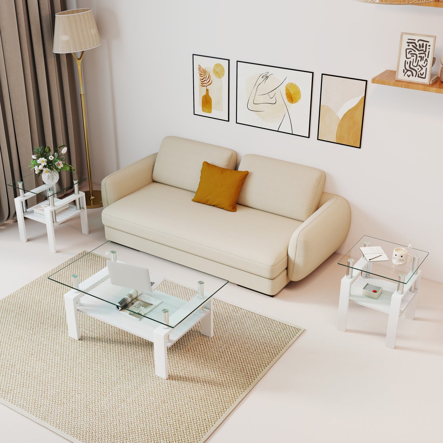 Set Of 2 Modern Tempered Glass Tea Table,Tempered Glass Tabletop With MDF Layer,Coffee Table,End Table, Square Table For Living Room, Transparent White