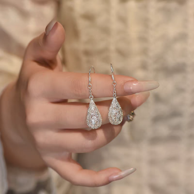 1 Pair 999 Sterling Silver Filigree Hollow Teardrop Drop Earrings, Retro & Elegant, Perfect For Daily, Party & Dating, Ideal Valentine's Gift