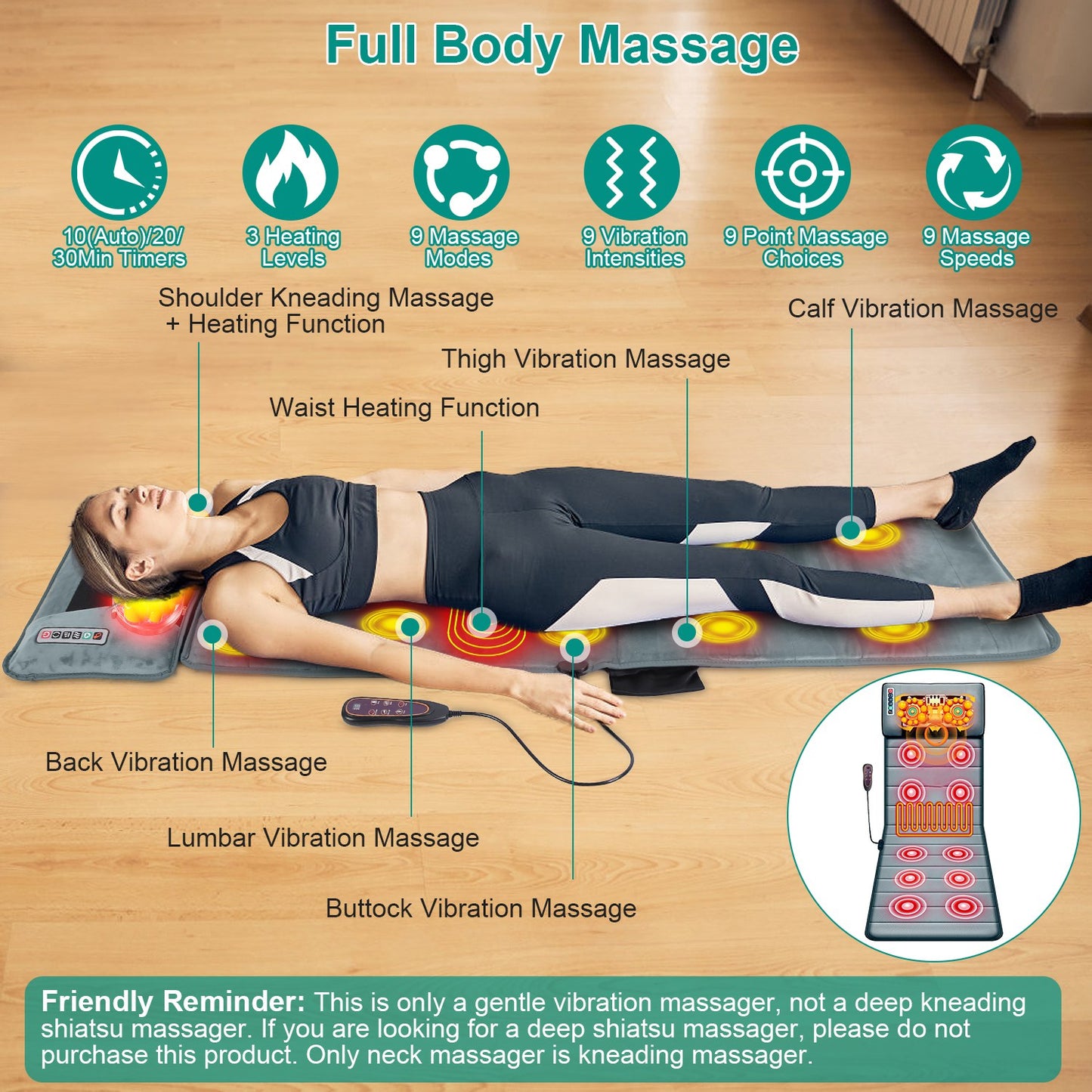 Advanced Type  Full Body Electric Massage Mat With Heat Vibration Massage Pad Cushion Back Massage Mattress Chair Pad With Neck Massage Pillow With 10 Vibration Motors Timer Anti-Slip Bottom Earplugs