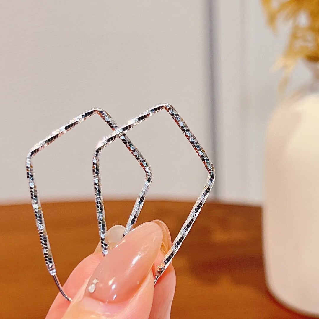 1 Pair 999 Sterling Silver Sparkly Geometric Hoop Earrings, Minimalist Style, Perfect For Daily Wear And Valentine's Gift