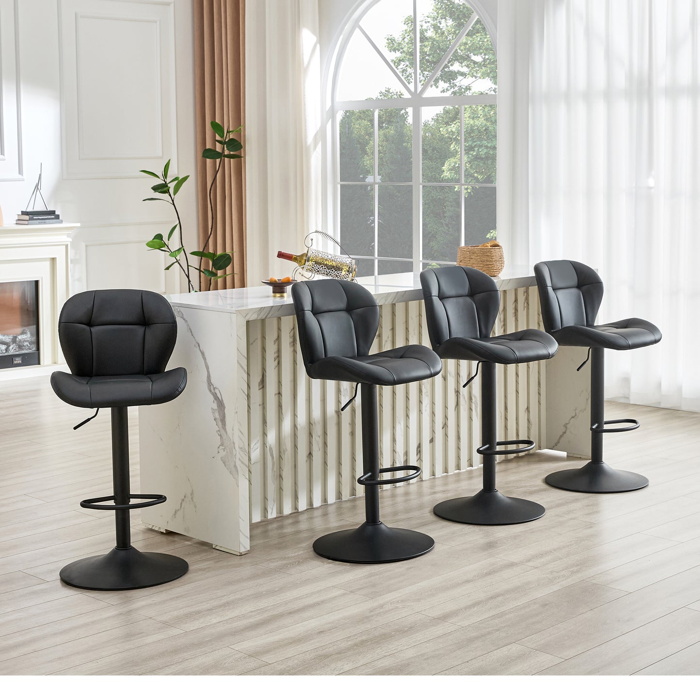 Set Of 2 Height Adjustable Bar Stools, Black PU Upholstered Tufted Back Chairs With Black Metal Base & Footrest For Kitchen Island, Bar, Pub
