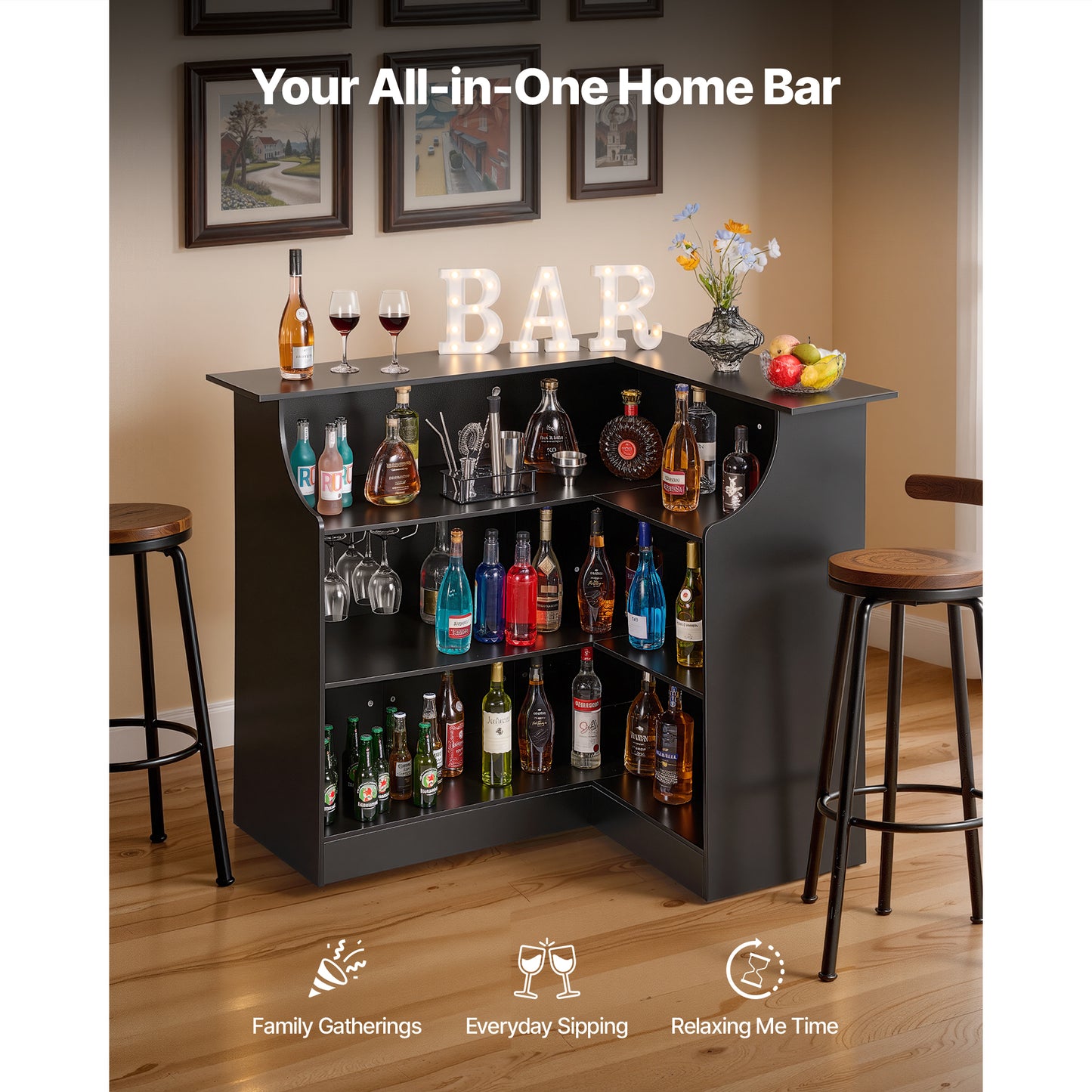 Home Bar Unit, L-Shaped Wine Bar Cabinet Table 4-Tier With Storage Shelves,  Wine Glass Holder, 300 Lbs Max Capacity, Wood Liquor Cabinet For Home, Kitchen, Living Room, Pub, Basement, Black