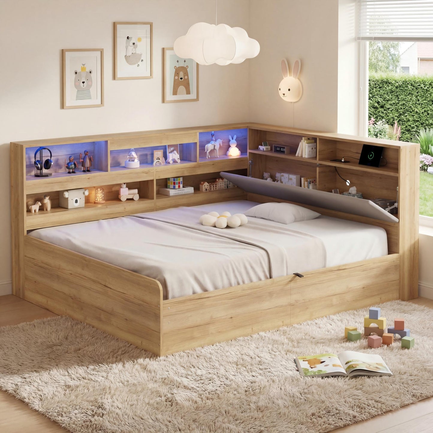 Daybed, Hydraulic Storage Bed, Children's Bed 140x200cm, Wooden Bed, Youth Bed, With USB Charging Station And LED Lighting, Natural Colour