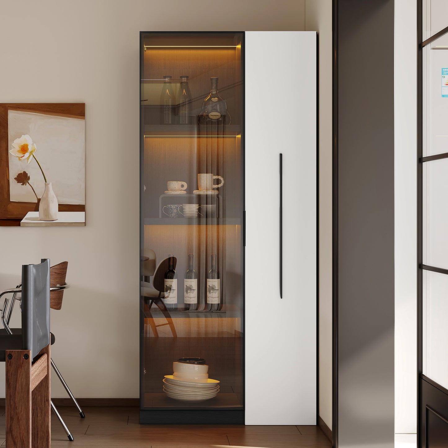 Multifunctional Cabinet 160 Cm High  Bookcase And Display Cabinet With Tempered Glass Doors, Aluminium Door Frame, 1 Door, 1 Side Drawer, With Castors And LED Lighting  Display Case, Dining Room