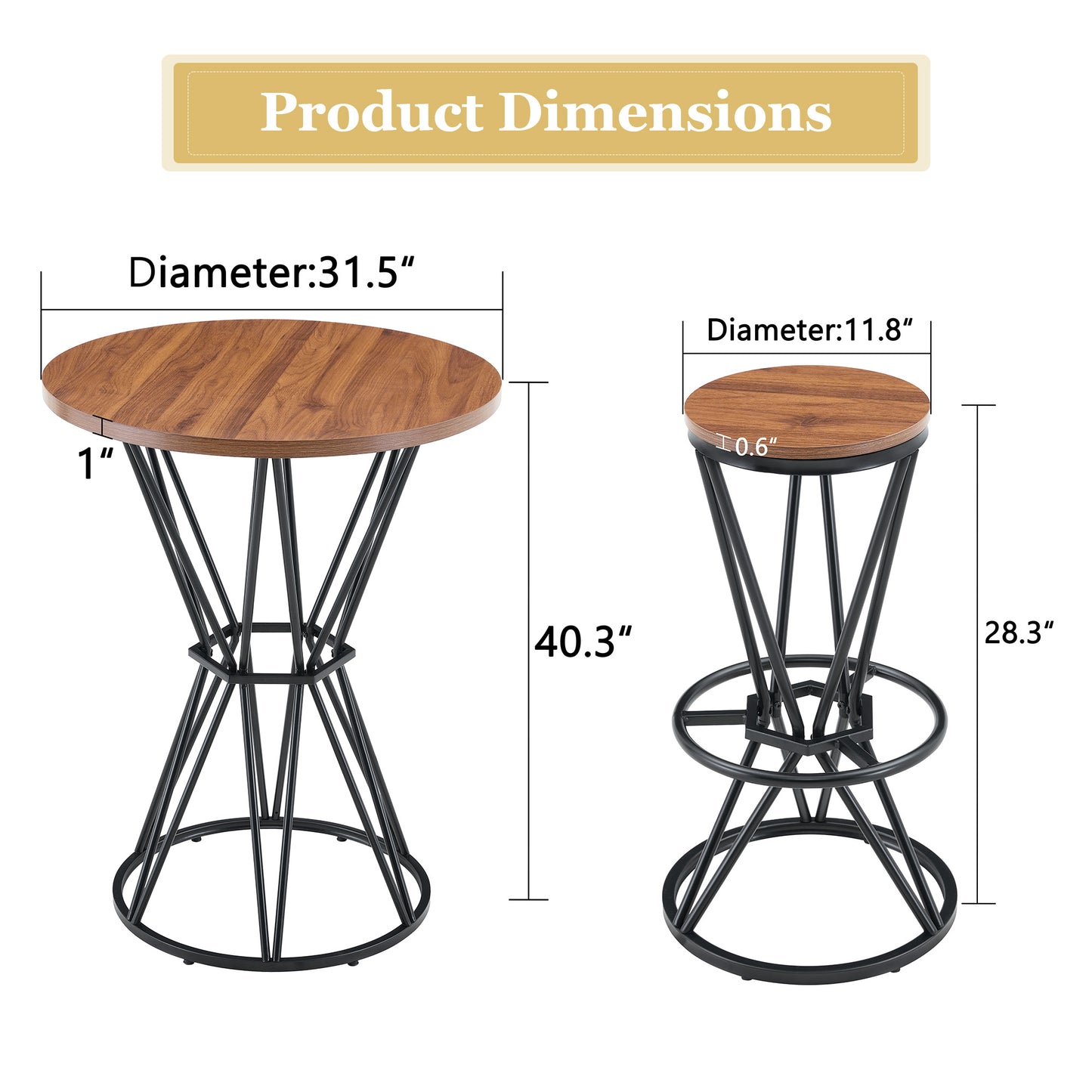 Single Package Bar, Table, Chair Set.31.5-inch Walnut Wood Grain MDF Tabletop With Black Metal Frame, Industrial Style Bar Counter Combination,suitable For Kitchen Island Countertops,seating 2 People.