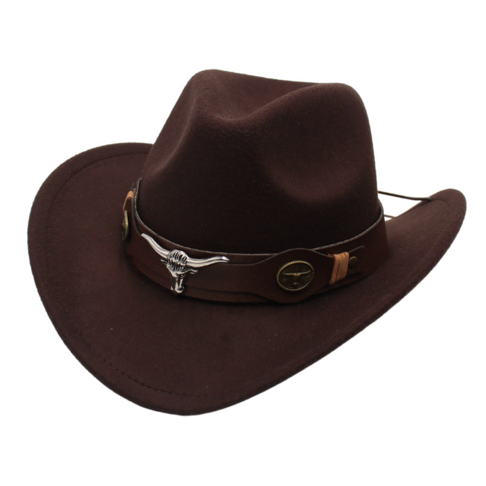 National Style Bull Head Decoration Western Cowboy Hat Retro Fashionable Belt Buckle Wide Brimmed Felt Hat For Outdoor Camping, Travel Photography, Outfit. Hat