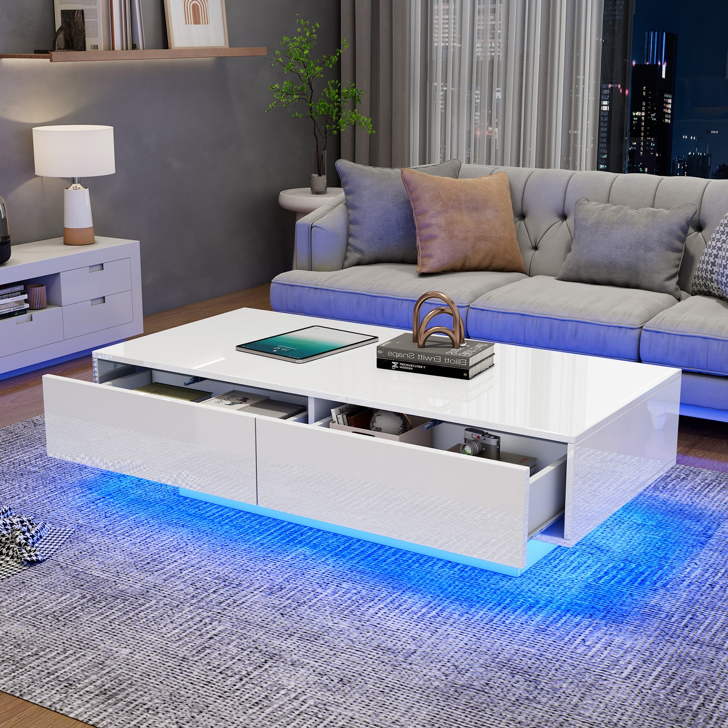 Modern High-gloss Coffee Table In White, 115 X 55 X 34 Cm, With 2 Drawers, LED Lighting And 30 Kg Load Capacity  Elegant Living Room Table