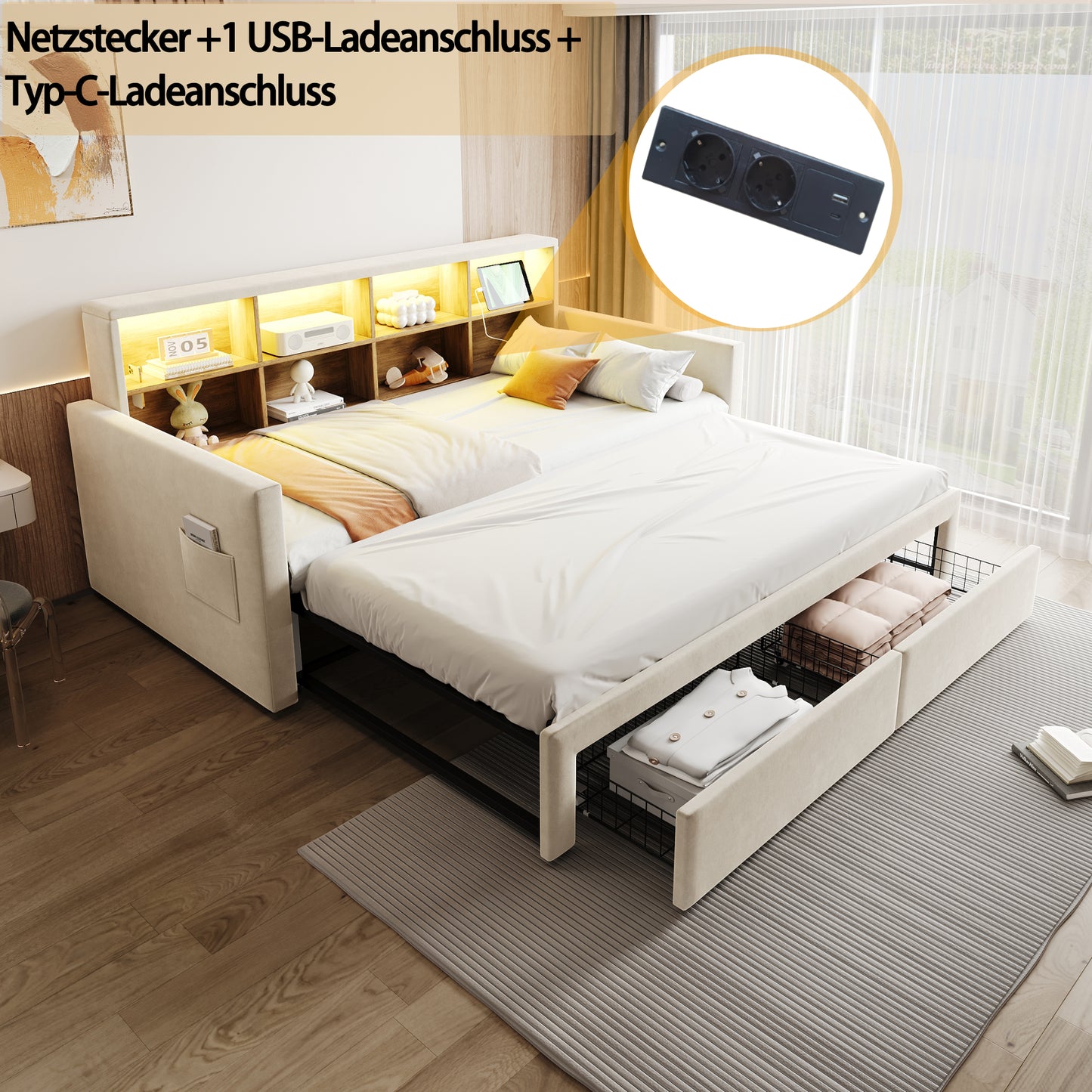Pull-out Upholstered Bed Sofa Bed 90-180 X190cm, Headboard With Integrated Storage Compartments, LED Light Strip And Charging Sockets, With Two Drawers And Slatted Frame, Velvet Fabric Beige