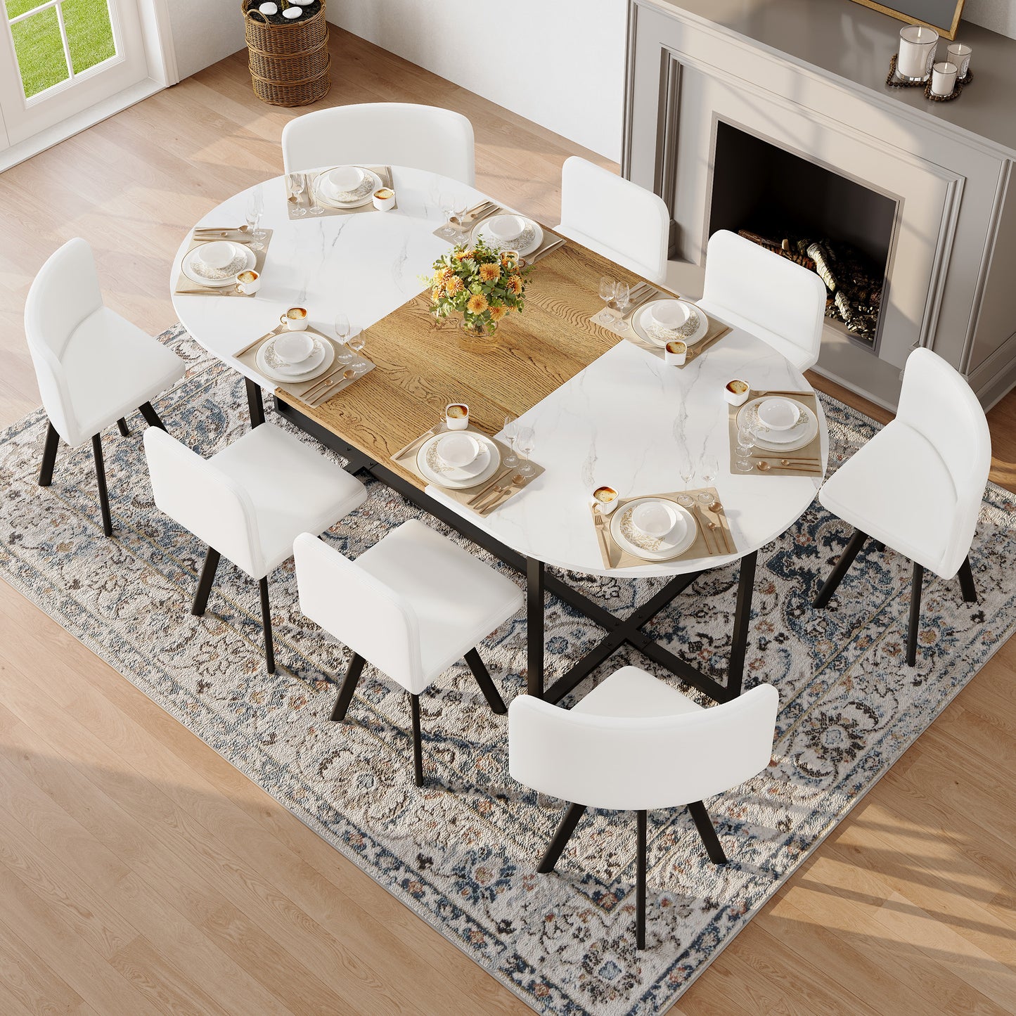 9-Piece Oval Dining Table Set, Fixed White Faux Marble & Wood Grain Triamine Tabletop With 8 White PU Leather Chairs, Modern Kitchen Table Set For 8 People, Ideal For Family Gatherings, Dining Room