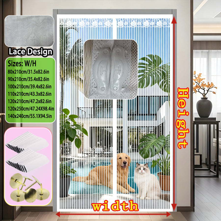 Summer Magnetic Screen Door - White Striped, Easy To Install, Strong Magnet, Automatically Closes Mosquito Net Curtain, Pet Tested, Suitable For Bedroom, Kitchen, Living Room, Dining Room And Balcony,