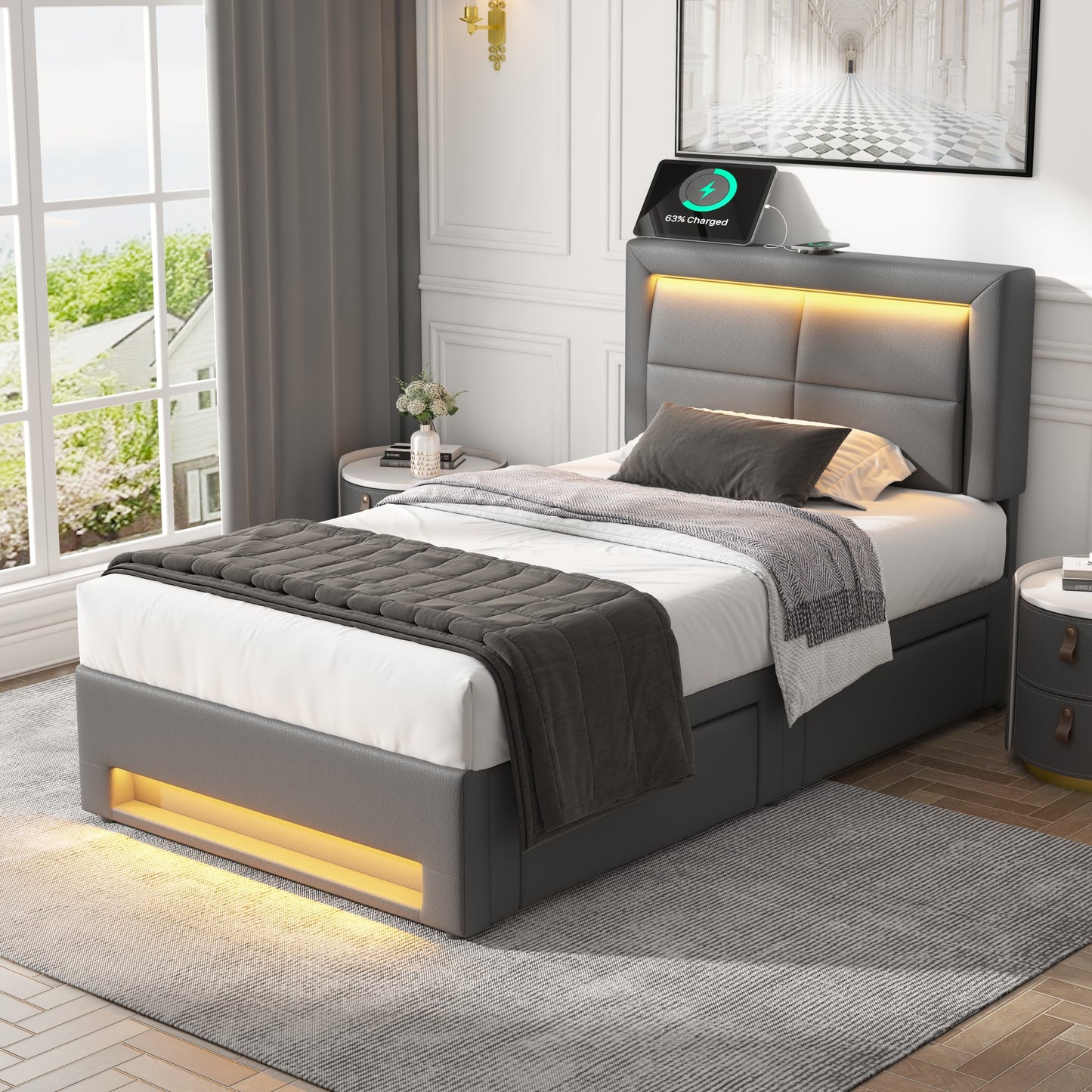 Upholstered Bed 90x190 Cm, With USB Port  Supports Wireless And Wired Charging , With LED Lighting And Four Drawers, Without Mattress, PU Lychee Pattern, Grey