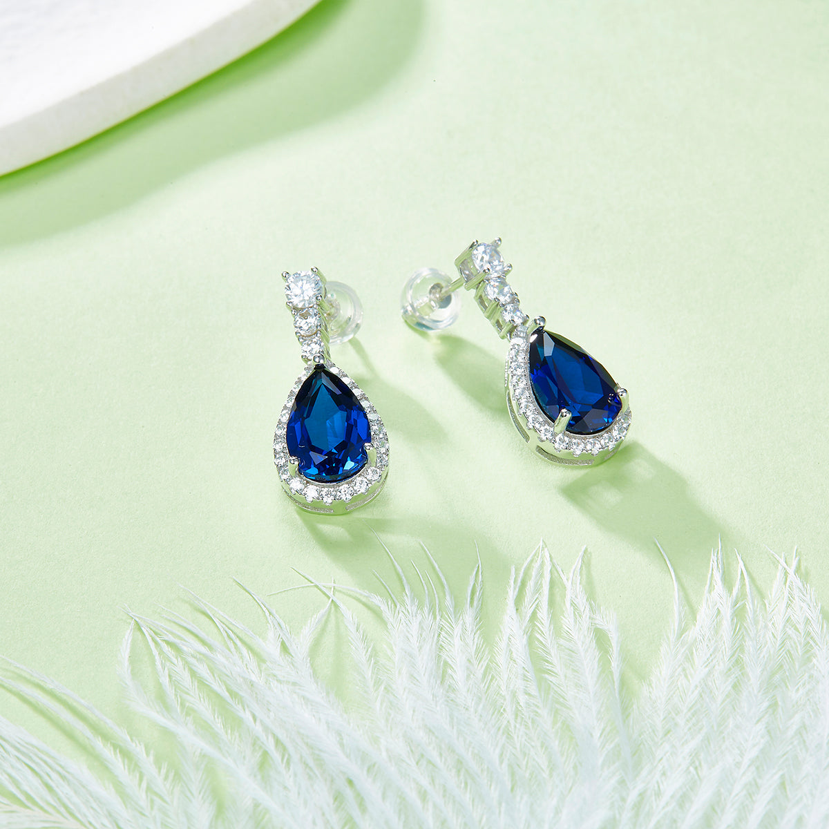 S925 Sterling Silver Teardrop Dangle Earrings, 7x11mm Lab-Grown Ruby Sapphire Emerald With Halo, Platinum Plated 3.2g Women's Jewelry Gift Box