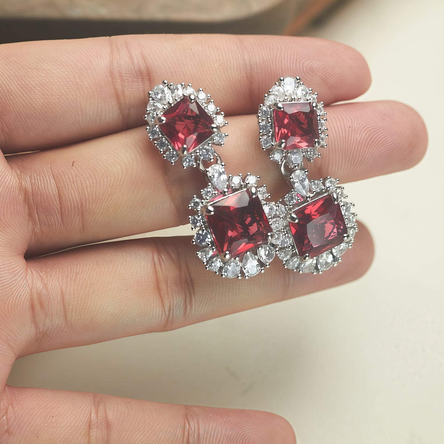 Two-Tier Princess Cut Red CZ Double Halo Dangle Drop Earrings For Women, Copper Silver Plated White Crystal Vintage Wedding Banquet Statement Jewelry Gift