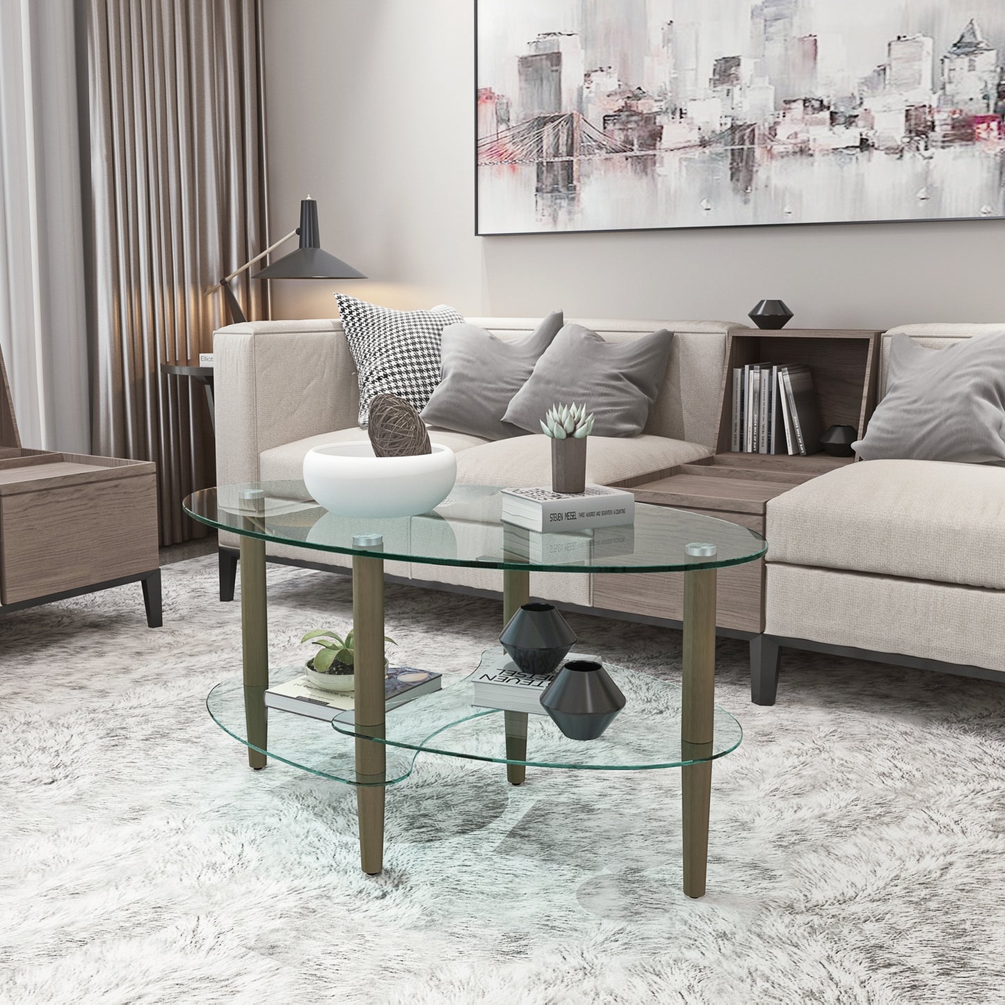 Transparent Oval Glass Coffee Table, Modern Table In Living Room Oak Wood Leg Tea Table 3-layer  Glass Table