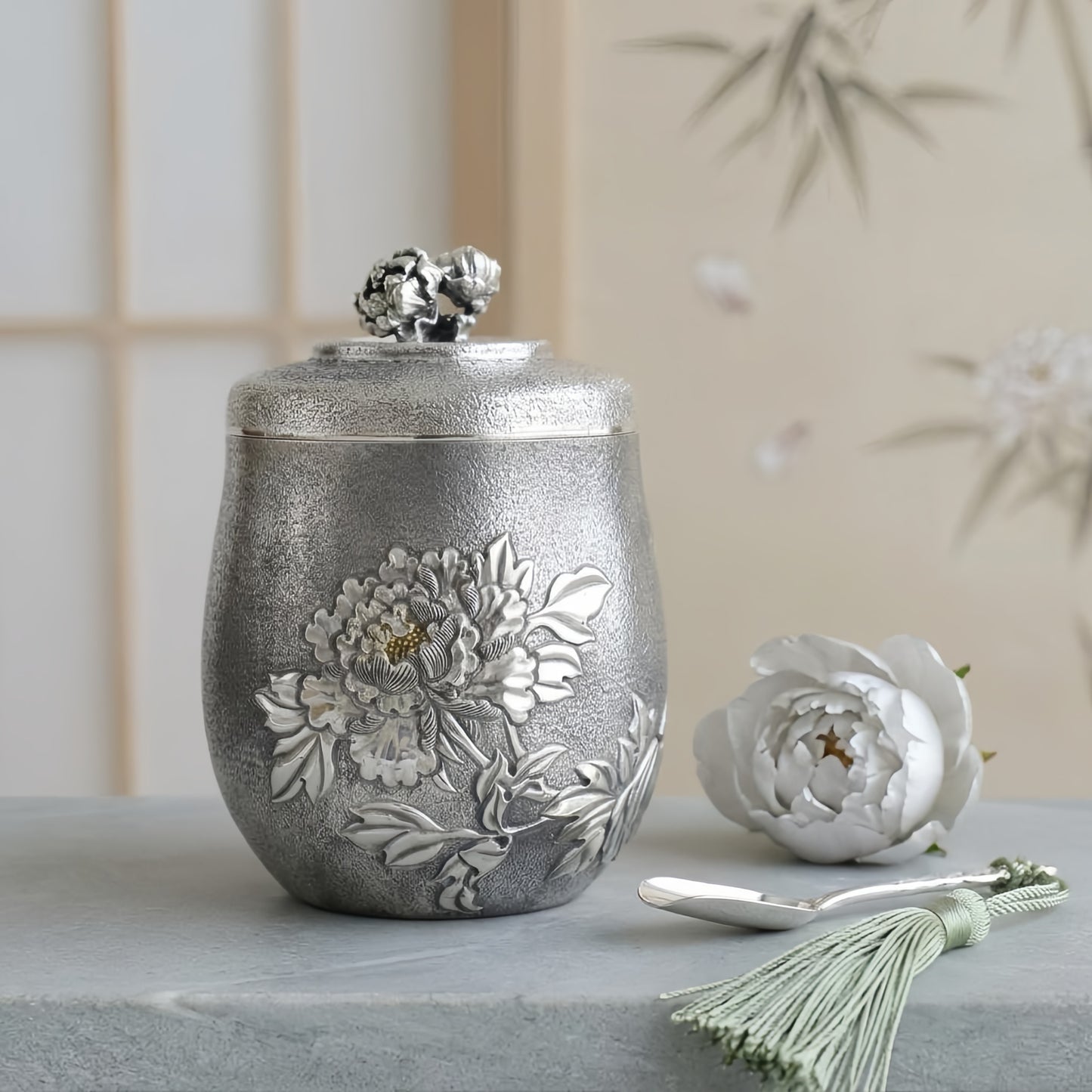 Pure 999 Fine Silver Elegant Handcrafted Silver Peony Tea Caddy with Textured Relief and Floral Lid - Handicraft