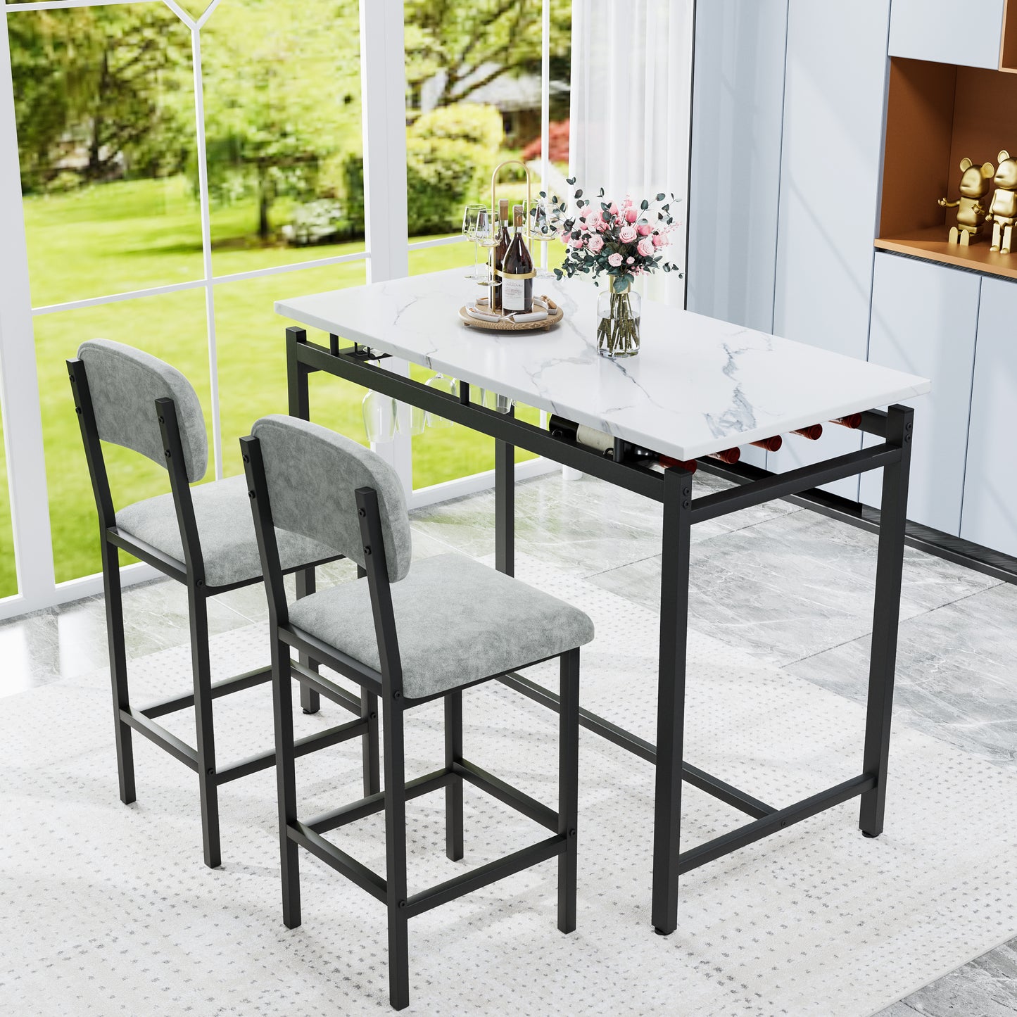 Modern Dining Table And Chairs For 2, Marble Finishes Dining Table Set With 2 Upholstered Chairs, Kitchen Table Set Bar Pub Set For Breakfast Nook, Dining Room, Rustic Black, Grey Chair