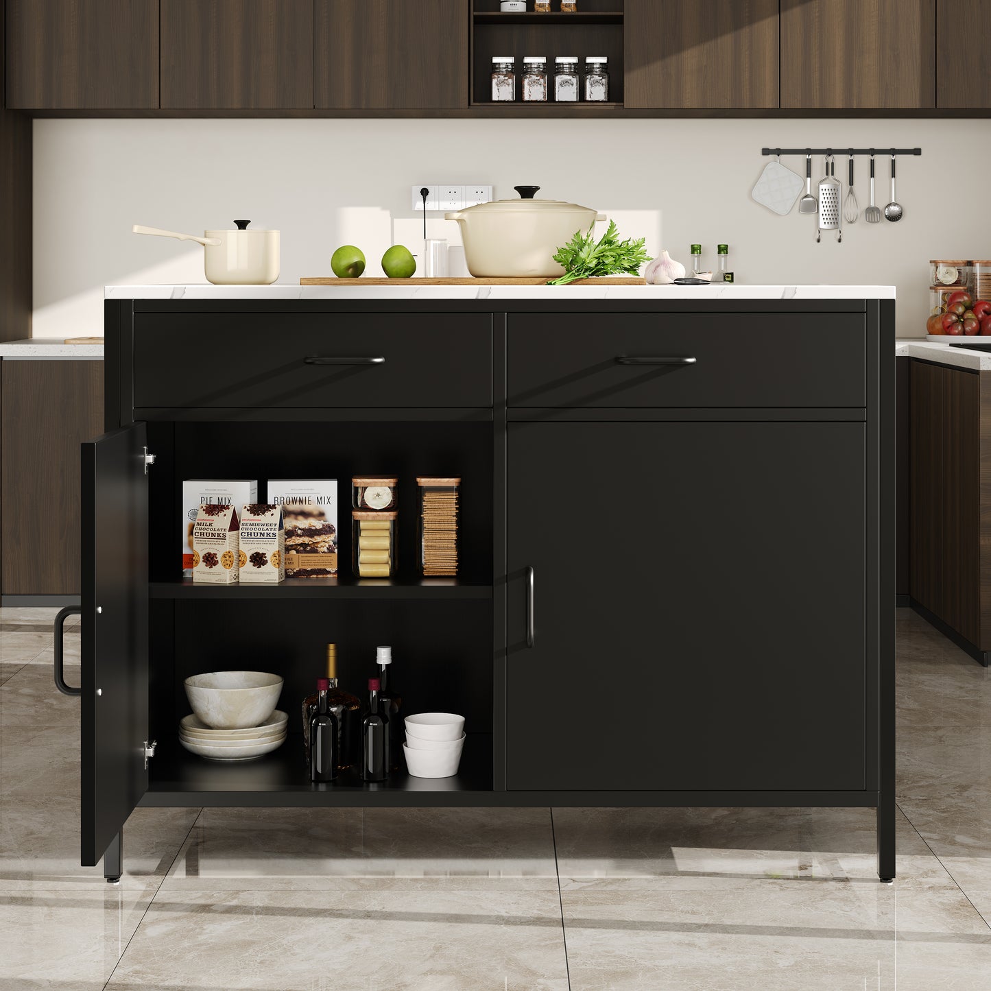 Standing Desk, Kitchen Countertop, Simple And Modern, Coffee Bar Table, Suitable For Living Room, Dining Room, Marble Pattern Tabletop, Adjustable Feet, Black