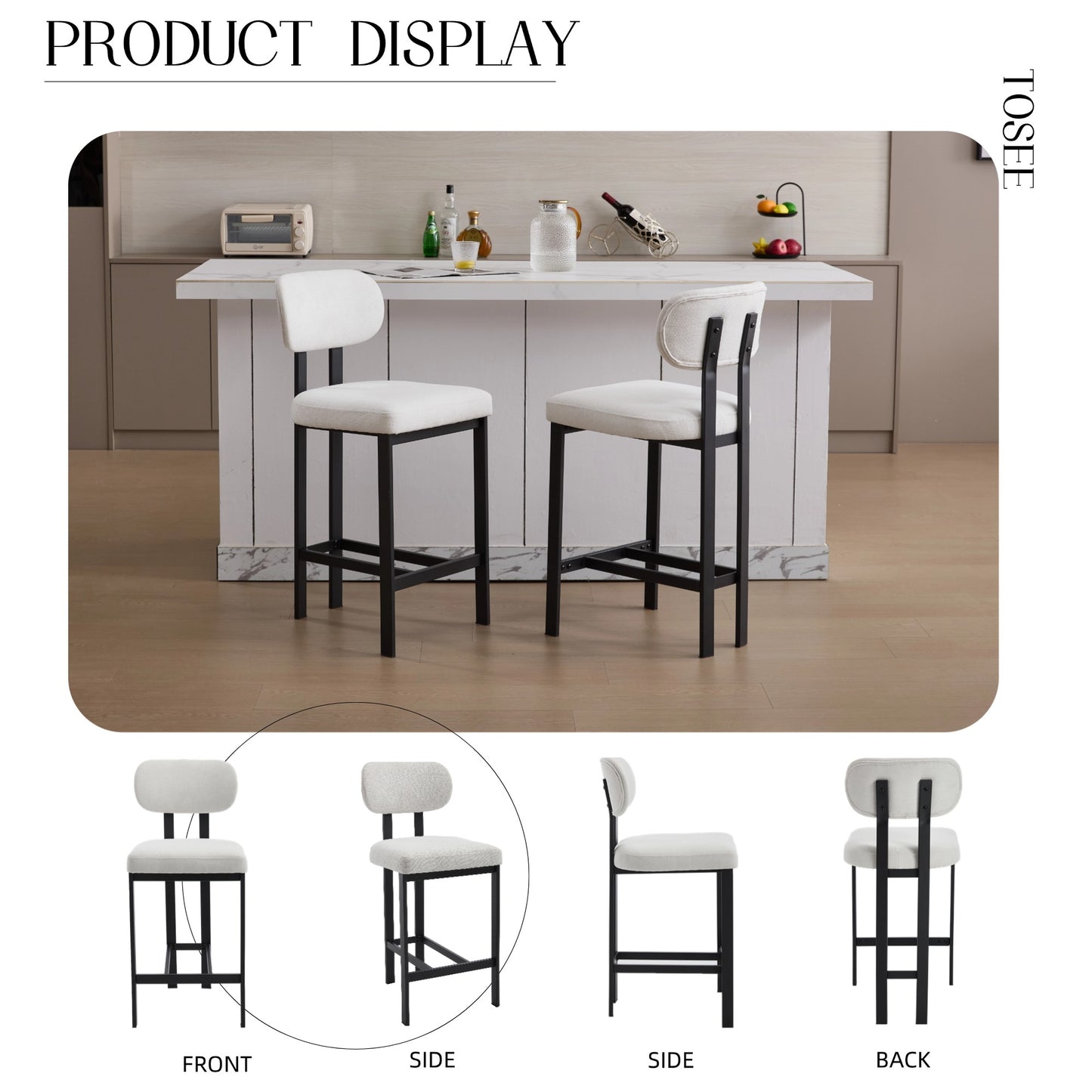 Bar Stools Set Of 2, 26 Inch Modern Upholstered Fabric Counter Height Barstools, Kitchen Island Chairs With Black Metal Legs For Dining Room Kitchen Island Bar
