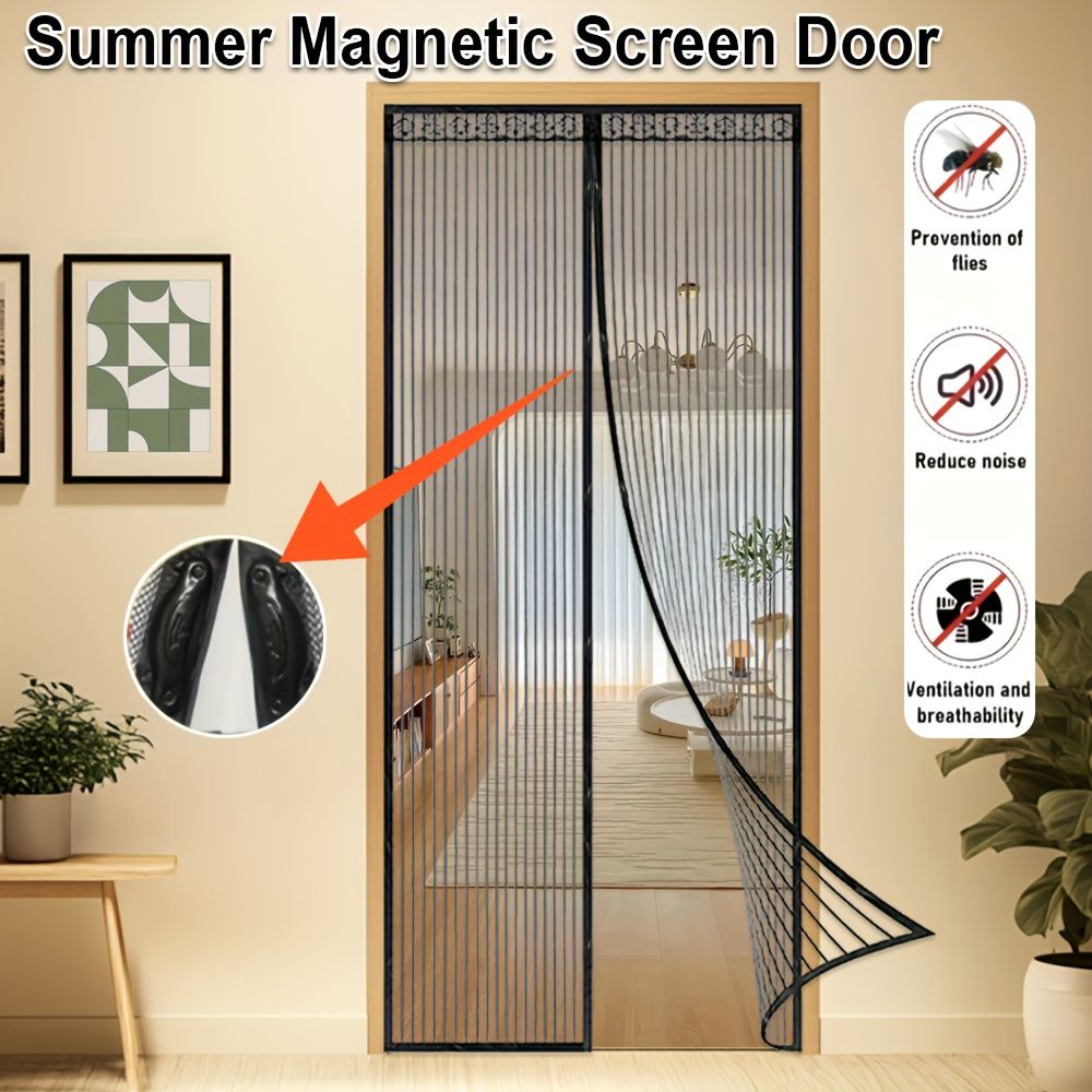 1 Black Magnetic Screen Door Curtain - Pet-friendly, No-drill Installation, Durable Fine Mesh With Strong Magnets, Breathable And Tear-resistant, Includes Push Pins And Double-sided Tape, Magnetic Doo