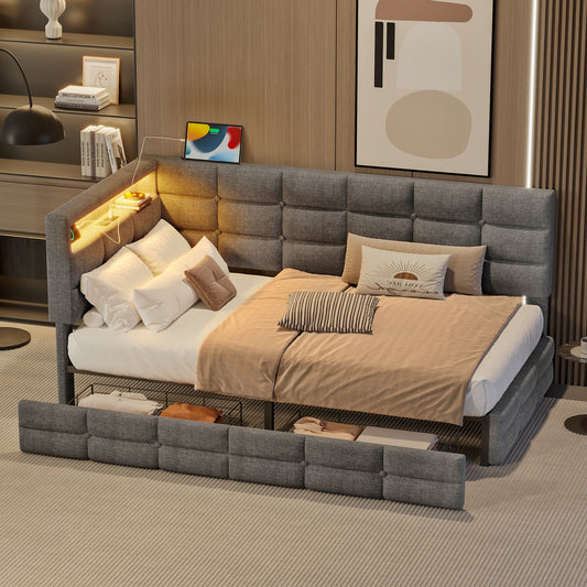 Upholstered Twin Size Daybed With Storage 2 Drawers And Charging Station, Day Bed Frame With LED Lights And Storage Headboard, No Box-Spring Needed, Gray