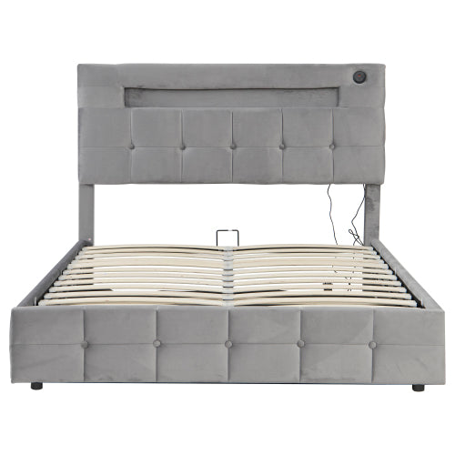 4ft6 Double Upholstered Bed Frame With Hydraulic Storage, Velvet Ottoman Bed With LED Lighting And Charging Station, Double Bed With Adjustable Button Tufted Headboard, Beige