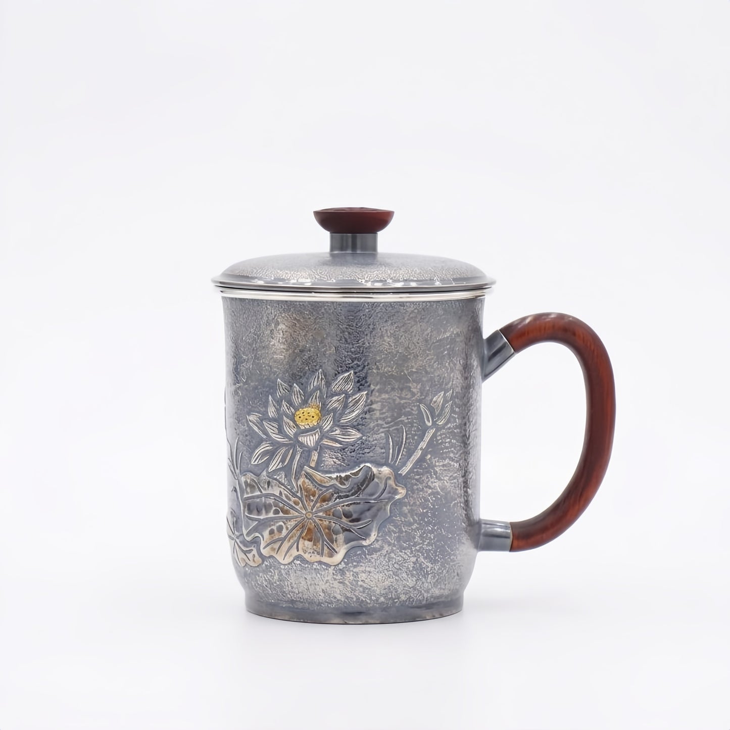 Pure 999 Fine Silver Elegant  Tea Cup with Wooden Handle and Lotus Design-Premium Tea Mug - Handicraft