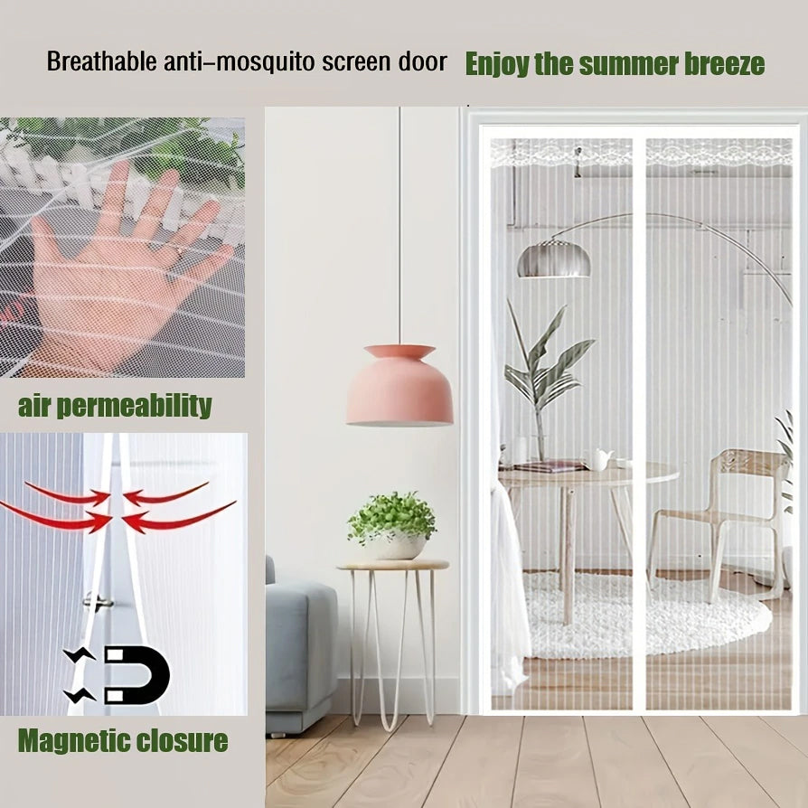 Summer Magnetic Screen Door - White Striped, Easy To Install, Strong Magnet, Automatically Closes Mosquito Net Curtain, Pet Tested, Suitable For Bedroom, Kitchen, Living Room, Dining Room And Balcony,
