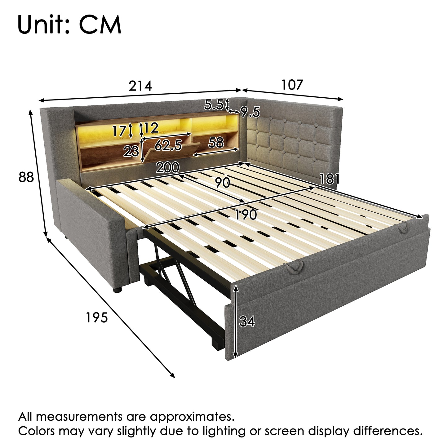 Upholstered Bed Bed 90x200 Cm With Pull-out Bed 90x190, And LED Lighting,Struraum Bed, L-shaped Headboard With Storage, Can Be Mounted On Both Sides, Slatted Base, Linen, Grey  Without Mattress