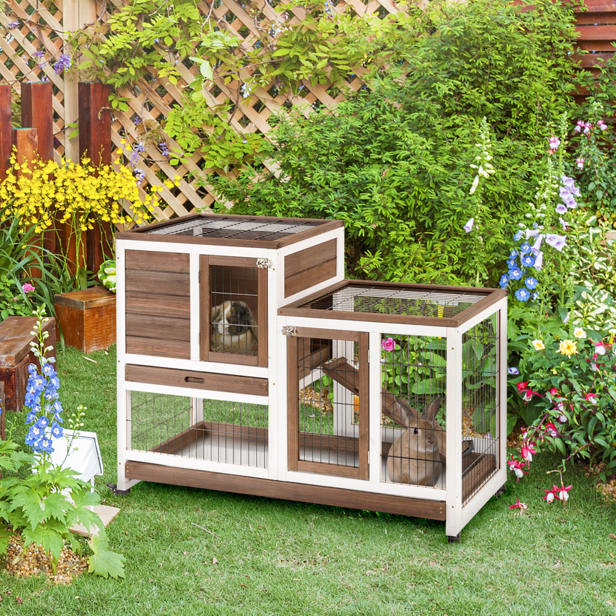 PawHut Two-Tier Rabbit Hutch Pet Cage, With Wheels - Brown
