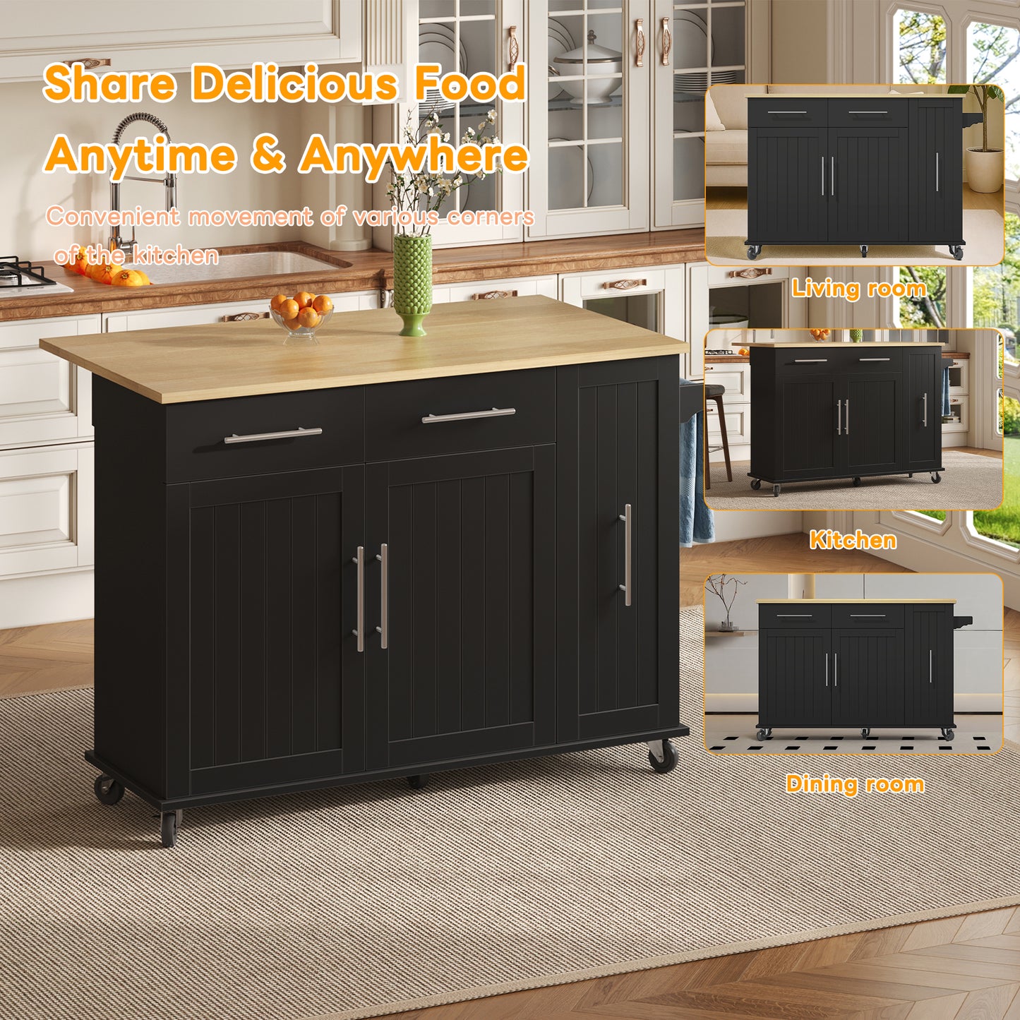 Kitchen Island With Drop Leaf, Storage Trolley With 3-tier Pull-out Cabinet Organizer, Internal Storage Rack, Rolling Cart With Towel Holder & 2 Drawers For Dining Room, Black