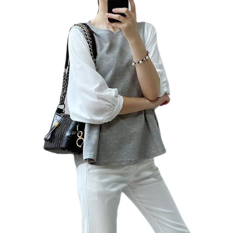 Japanese And Korean Women's Summer Color-blocked Loose Round-neck Top