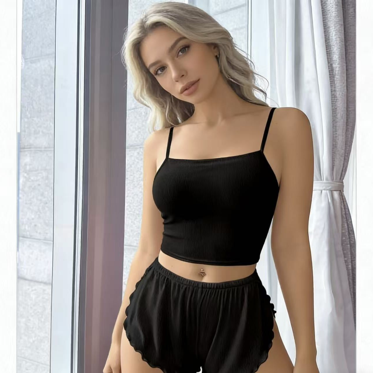 Womens Solid-Color Camisole And Shorts Set For Home Wear