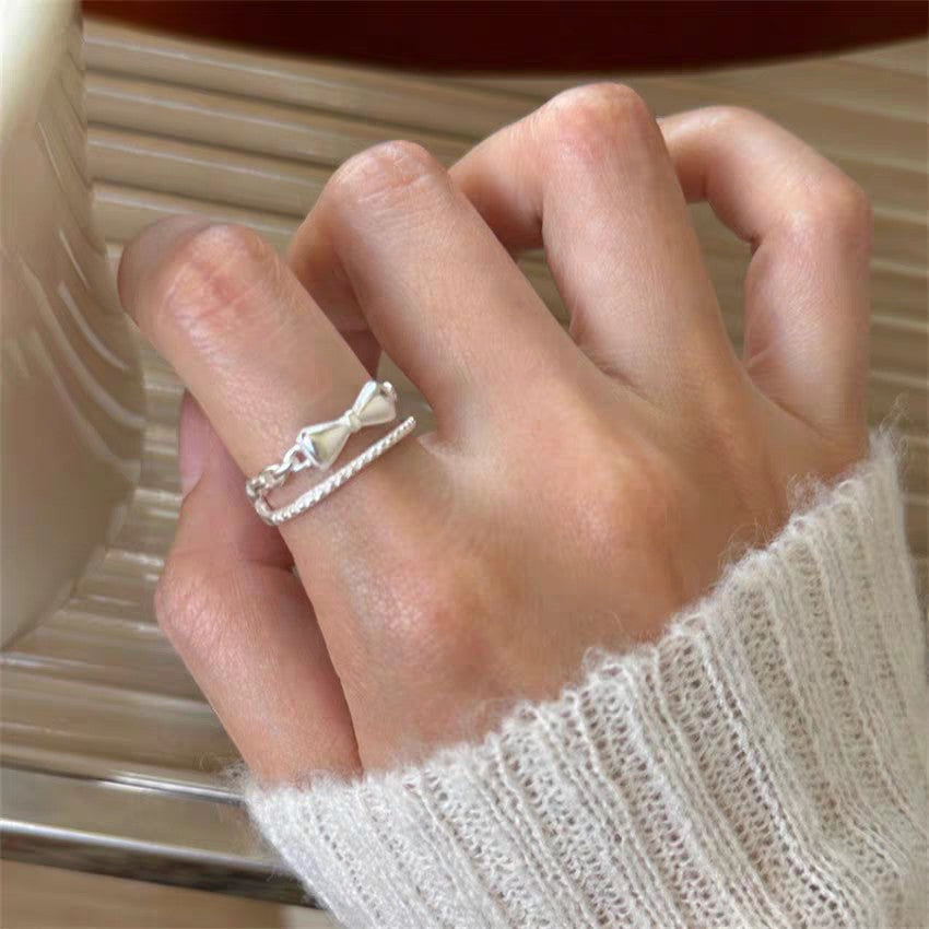 1pc 999 Sterling Silver Double Layer Bow Open Ring, Sweet & Elegant, Perfect For Daily, Dating & Gifting, Ideal Valentine's Gift