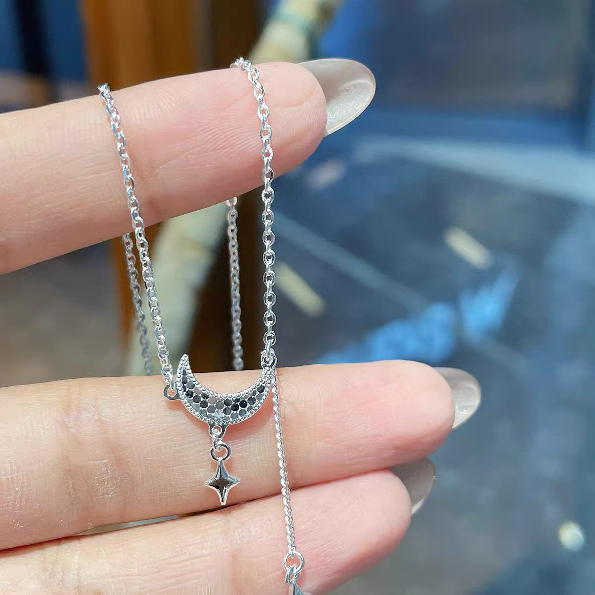 1pc 999 Sterling Silver Moon Star Tassel & Snake Pendant Necklace, Sweet Cool Style, Perfect For Daily Wear & Valentine's Gifts
