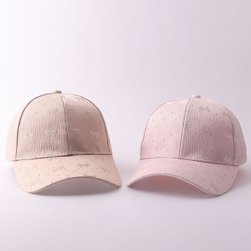 Korean-style Soft Style Bow Tie Rhinestone Baseball Cap With Textured Pleats And Breathable Brim Outdoor Versatile Hat For Outings With A Curved Brim