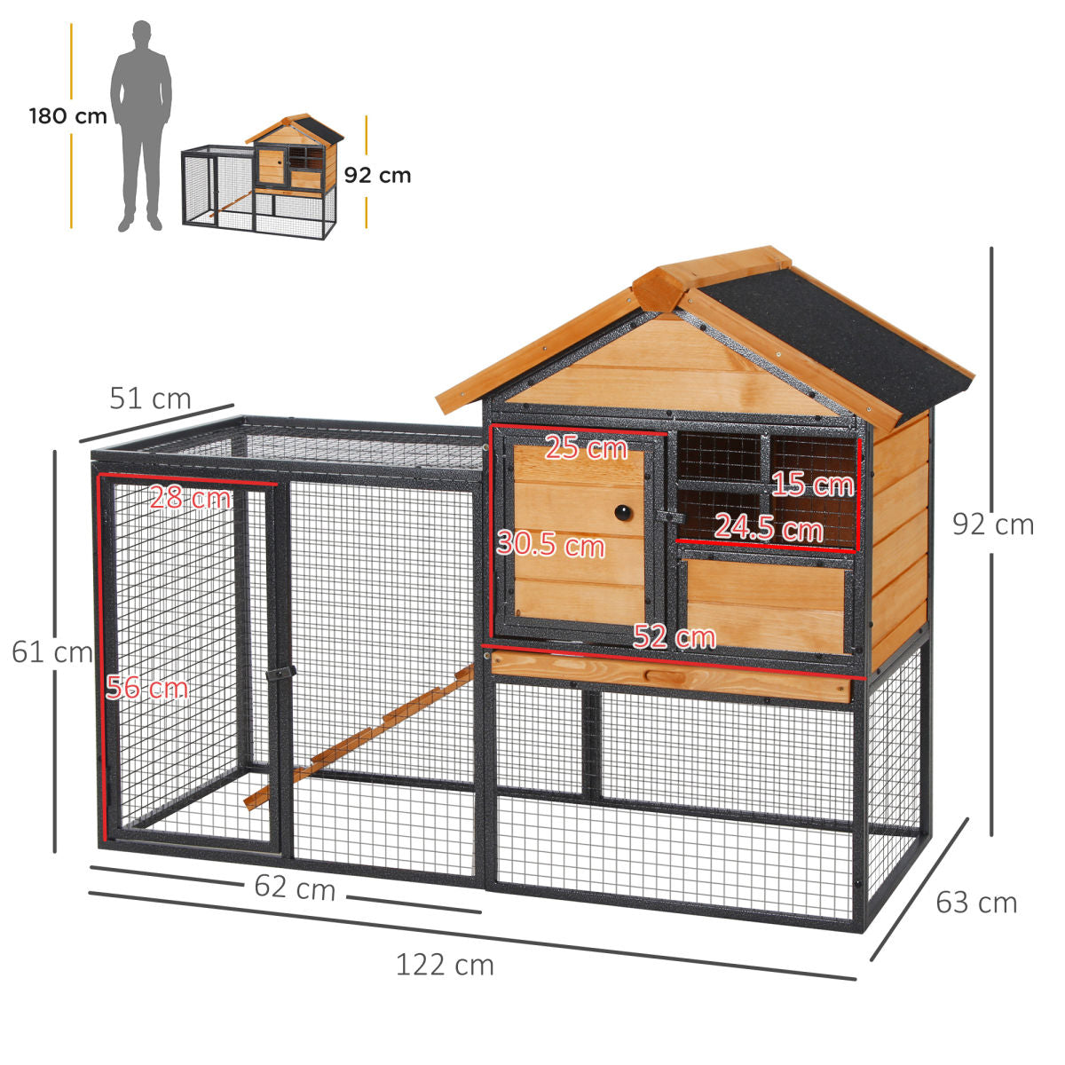 PawHut Rabbit Hutch Guinea Pig Hutch Wood-metal Elevated Guinea Pig House Pet Bunny Cage For Outdoor 122 X 63 X 92cm Light Yellow