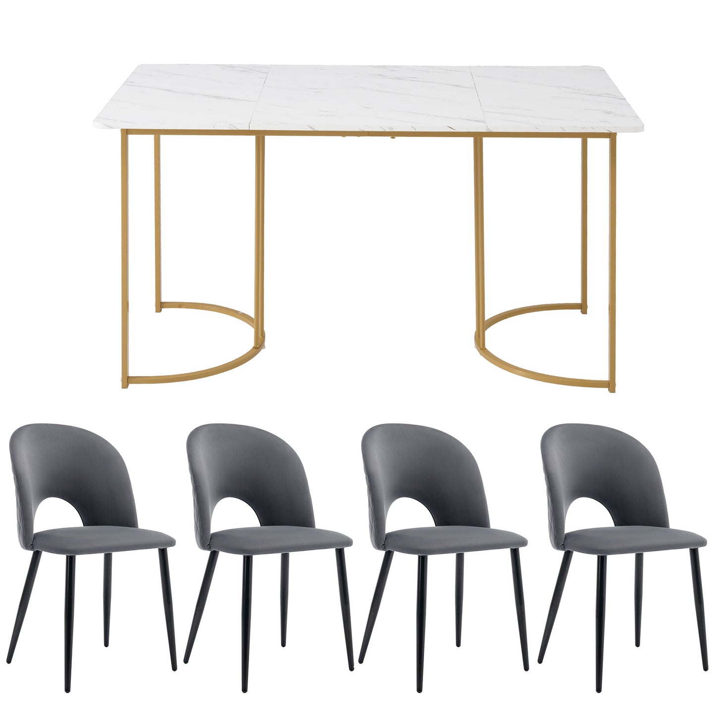 Dining Group,Set,140x80cm Dining Table With 4 Chairs,Modern Kitchen Table Set,Velvet Dining Room Chair With Diamond Pattern,Adjustable Chair Legs,Grey Velvet,MDF Table Top In White,Golden Table Legs