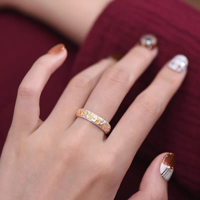 1pc 999 Sterling Silver Hammered Gold-plated Mantra Open Ring, Retro Zen Style, Perfect For Daily Wear & Valentine's Day Gift