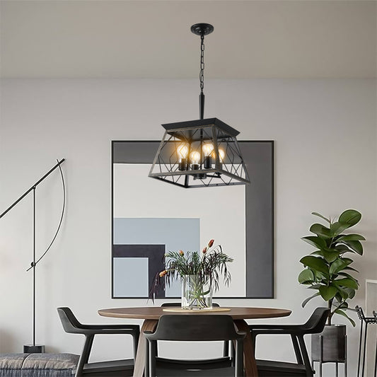 Same As W1340111204 L1010 16  Black Gold Industrial 4-Light Pendant Chandelier, Modern Metal Cage Design, Adjustable Hanging Light For Dining Room, Kitchen, Living Room No Bulbs