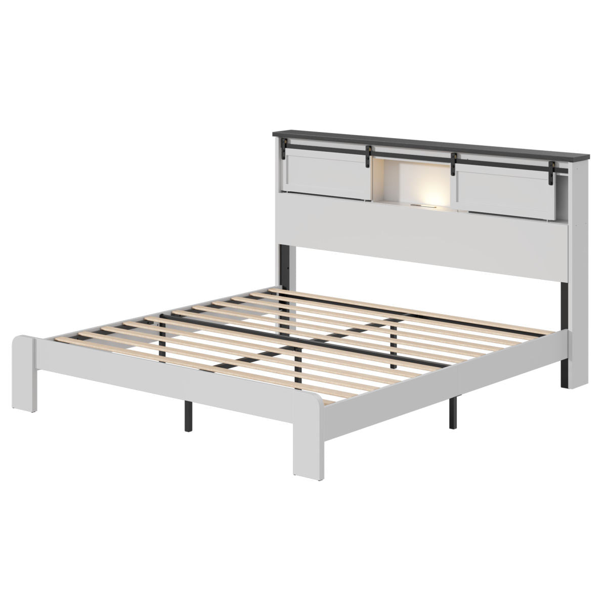 Queen Metal Bed Frame With Charging Station, No Box Spring, White