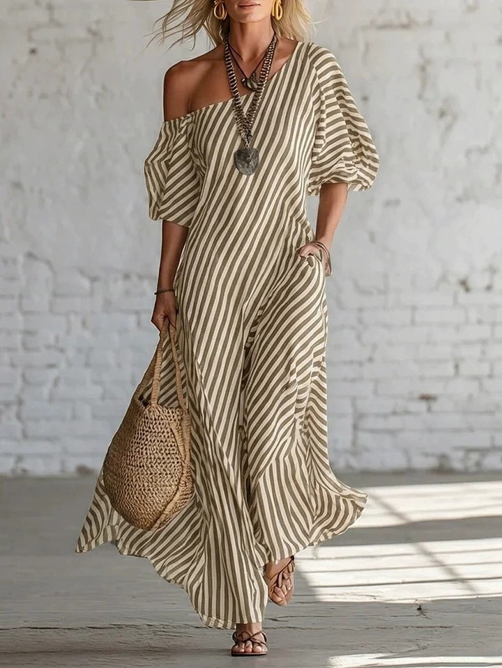 European And American Cross-border Amazon Independent Site Women's Fashion Spring Elegant Striped Off-shoulder Dress
