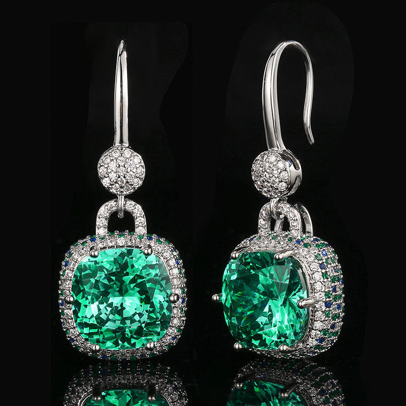 Vintage Light Luxury Dangle Earrings For Women, Cushion Cut Emerald Tone Simulated Zirconia Full Pave Rhinestone Silver Tone Hook Ear Jewelry Elegant Party Accessories
