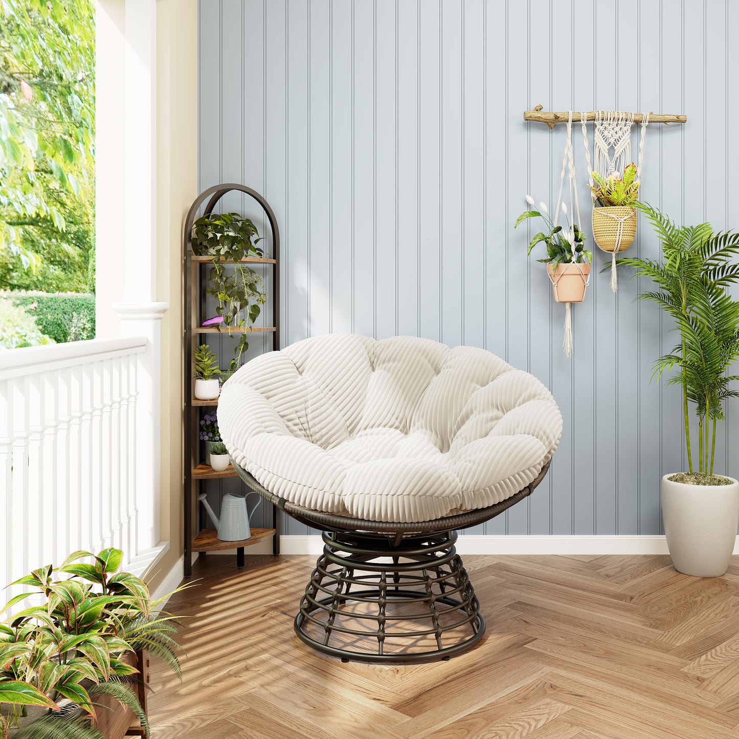Comfortable Ergonomic Wicker Papasan Chair, 360 Swivel Indoor Outdoor Rattan Chair With Soft Thick Cushion, Ideal For Living Room, Bedroom, Reading Room, Brown Frame With White Cushion Corduroy