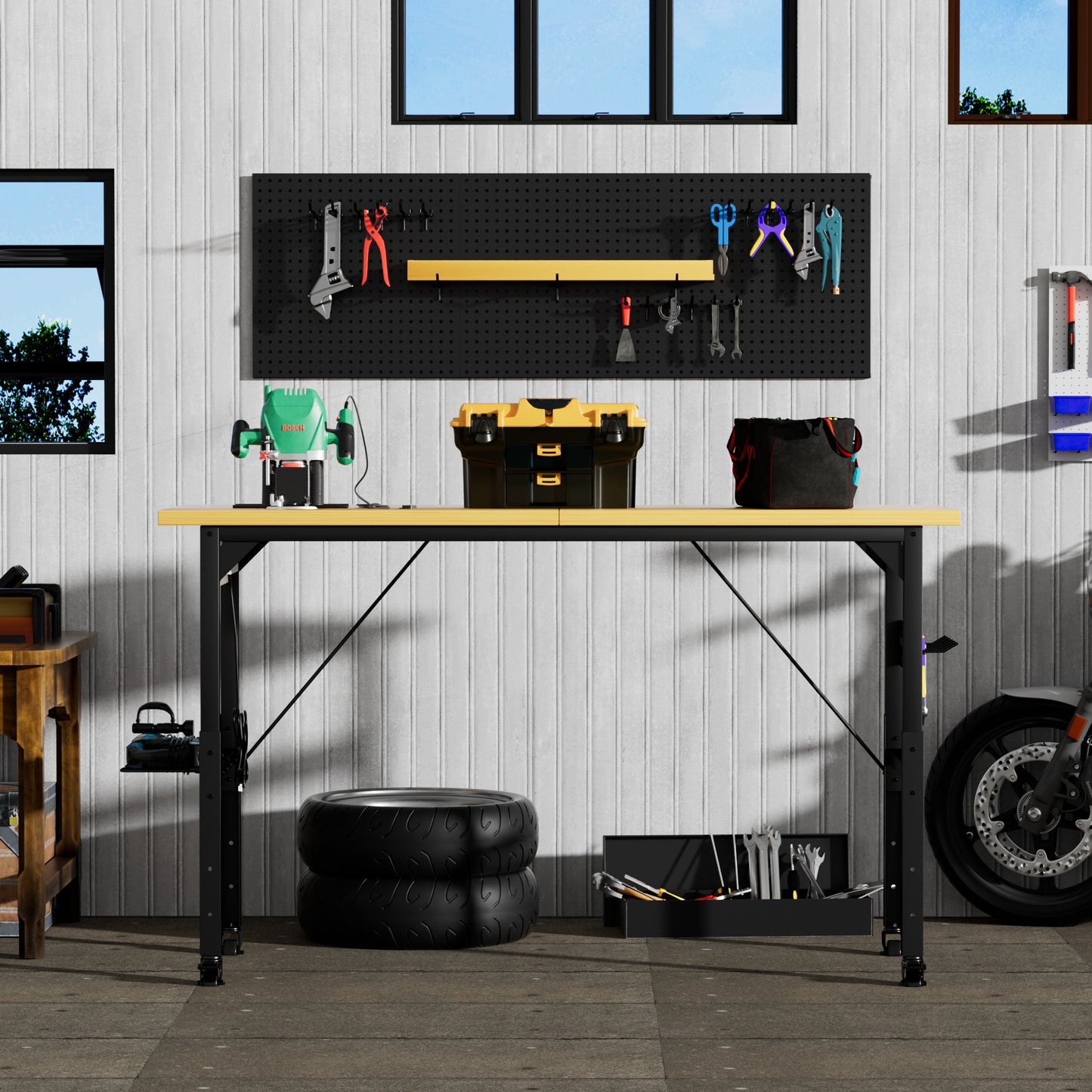 71 Adjustable Workbench With Pegboard, Heavy Duty Wooden Desktop Workbench With Wheels, 1600 Lb. Load Capacity, Rolling Workbench With AC USB Outlet, Hooks, Shelf, For Garage, Workshop, Office, Home.