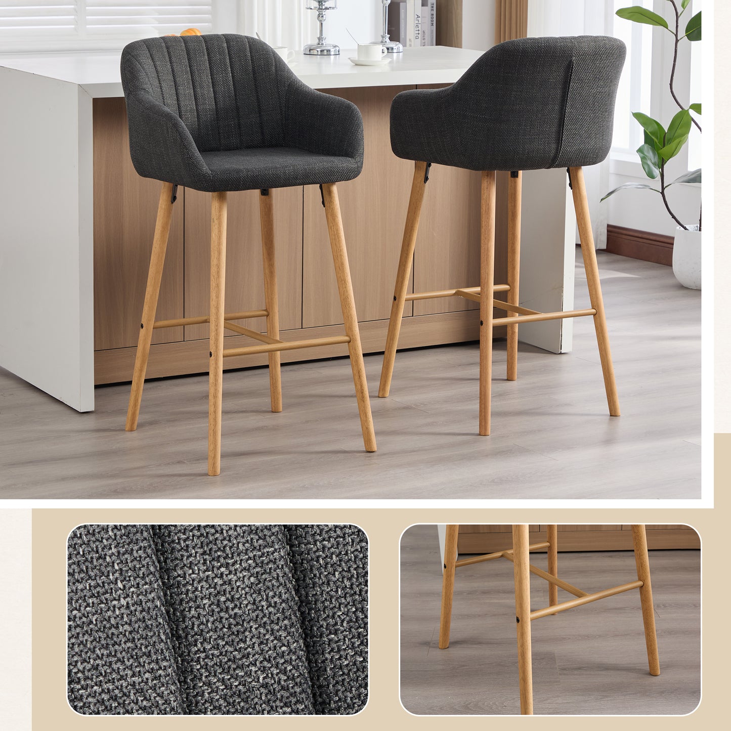 Modern European-style Bar Stools With High Backrest And Armrests, Linen-covered Seats And Wooden Legs. Suitable For Kitchens, Kitchen Islands. Set Of Two Bar Stools Black Linen