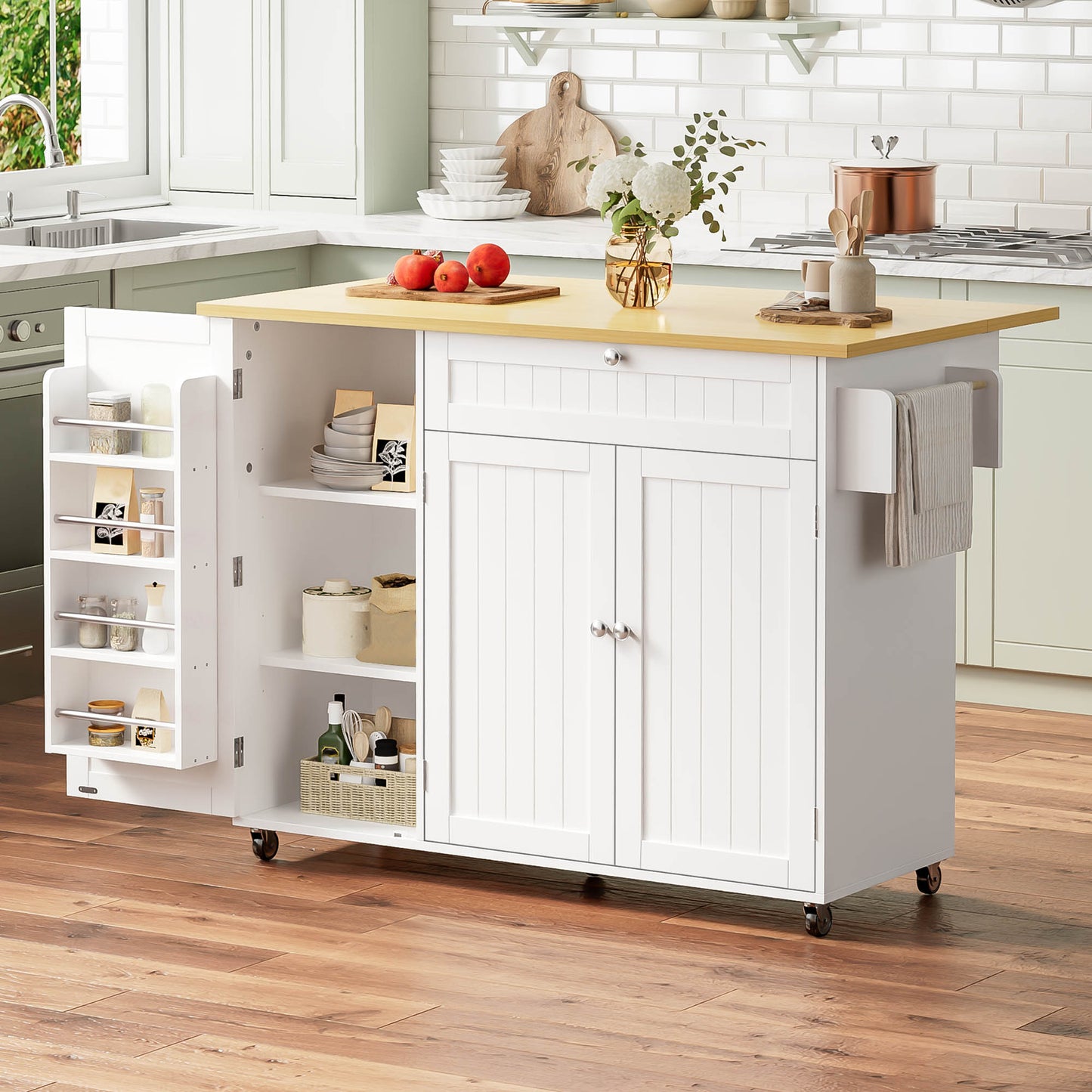 Mobile Kitchen Island With Folding Worktop, Kitchen Trolley, Bar Table, With Drawer And Storage Cabinet, 3 Door Shelves, 120 X 45  X92 Cm