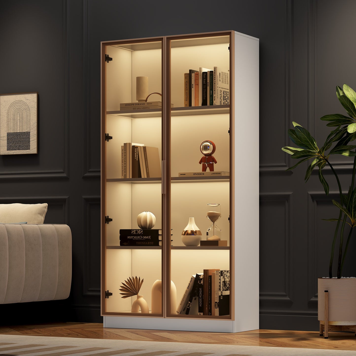 Glass Display Case With LED Lighting, Double Door Display Case With Movable Shelves, 80x40x160cm, Tall Cabinet For Living Room, Stand Display Cabinet, Bathroom Cabinet